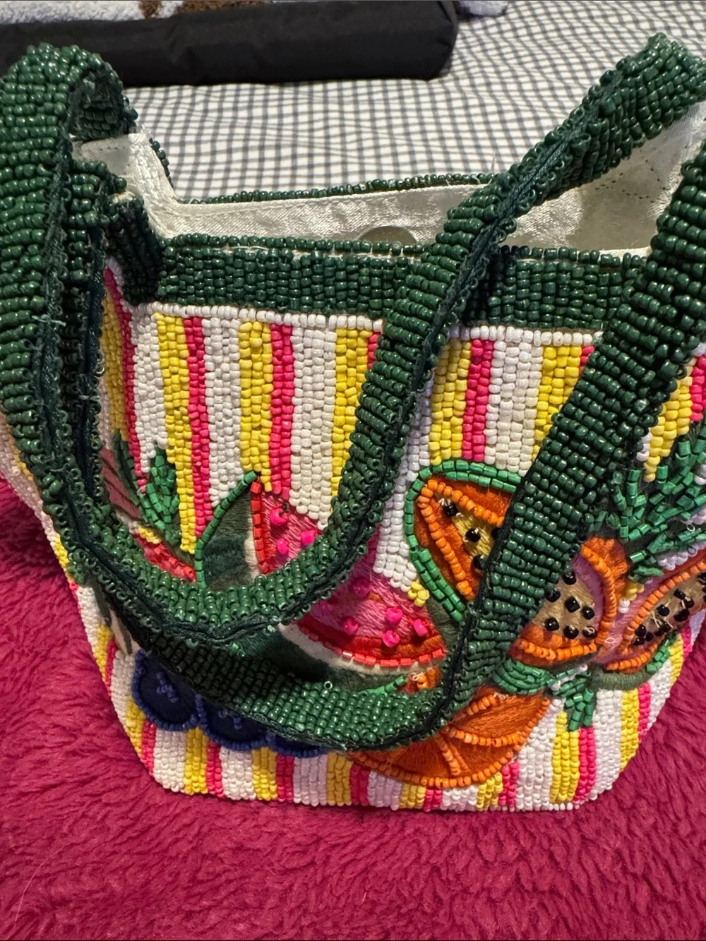 Hand-Beaded Tropical Fruit Tote in Green and Multicolor